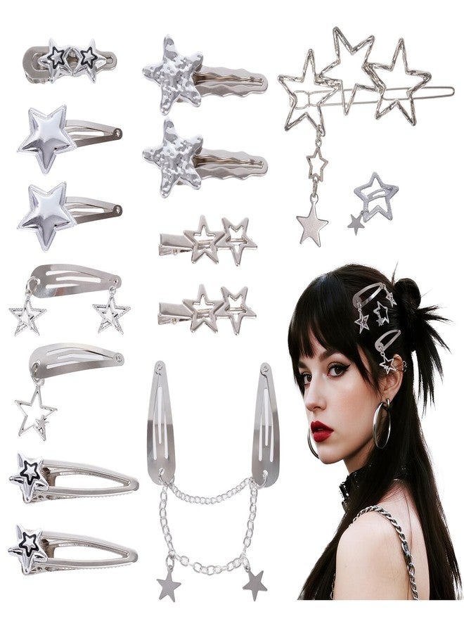 yeabwps 14 Pcs Y2K Silver Star Hair Clips Metal Barrettes 10 Shapes Non-Slip Snap Hair Accessories for Girls Punk Kawaii 2000s Hair Clips for Women (Silver) - Image 1